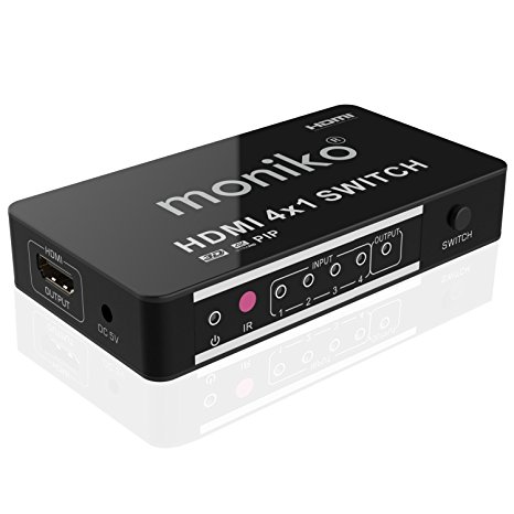 HDMI Switch 4x1 HDMI Switcher Splitter Box 1.4 with Audio 4 Ports 4 Input 1 Output moniko with IR Wireless Remort and USB Power Support 4K x 2K 3D 1080P PIP for HDTV PC PS3 PS4 DVD Home Theater Satellite Receivers Digital Projectors etc. Black