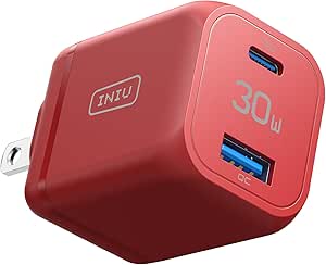 INIU 30W USB C Charger, PD QC3.0 Fast Charging USBC Wall Charger Block, 2 Ports USB-C Power Adapter for iPhone 16 15 14 13 Pro Max Samsung S23 S22 iPad Pro AirPods Google Pixel Tablet Switch,Red