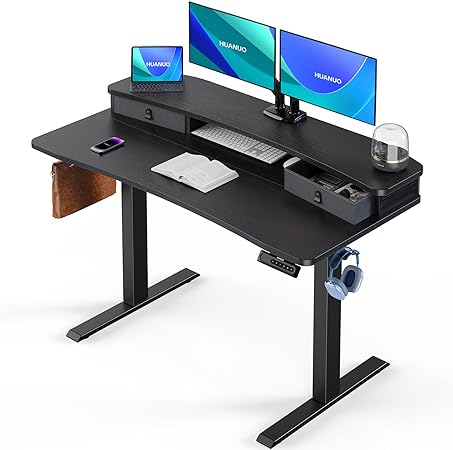 HUANUO 48″ x 24″ Electric Standing Desk with 2 Drawers, C-Clamp Mount Compatible, Height Adjustable Computer Desk, Home Office Stand Up Desk with 4 Preset Heights & 2 Hooks, Black