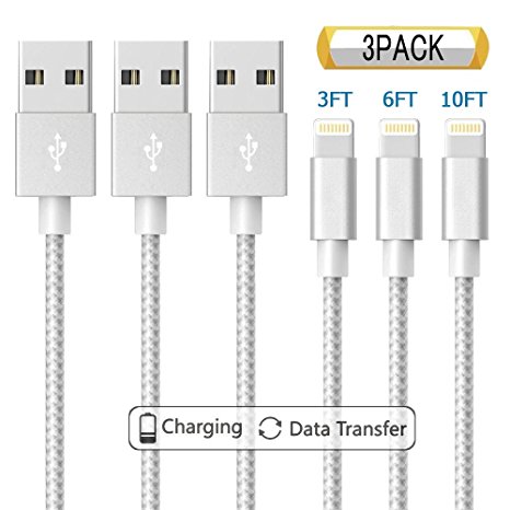 Lightning Cable iPhone Charger 3Pack 3FT/6FT/10FT Nylon Braided Charging Cable USB Charger,compatible with iPhone X/8/7/7 Plus/6s/6s Plus(Silver)