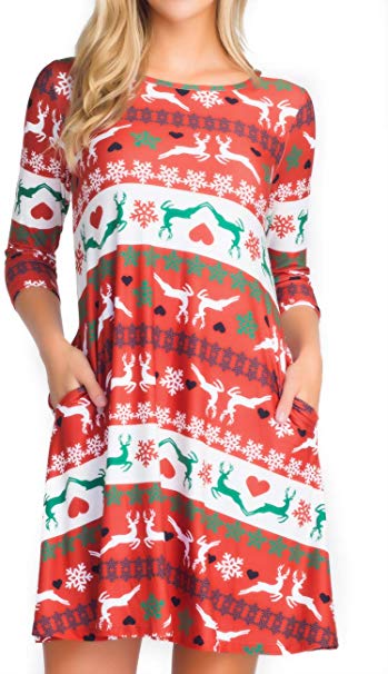 Women’s Printed Crew Neck A-Line Dresses with Pockets Casual Tropical Floral Novelty Animal Christmas Patterns