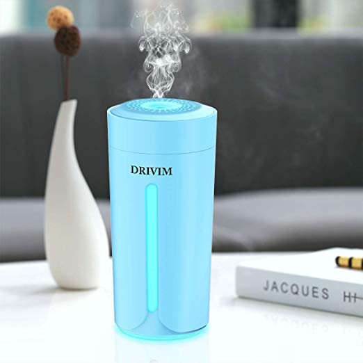 DRIVIM Mini Humidifier, USB Car Cup Humidifier Air Purifier Refresher with 8 Color Night Lights & 230ml Large Tank, Noise-Free Desktop Cup Humidifier for Plant, Travel, Office, Bedroom, Hotel (Blue)
