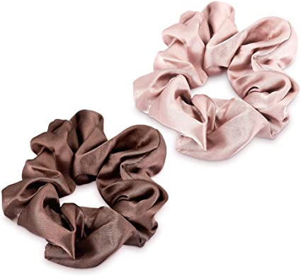 Navaris 2 Pack Large Scrunchies for Hair - 100% Pure Silk Elastic Band Scrunchie Ponytail Holder Set for Women, Girls with All Hair Types - Brown