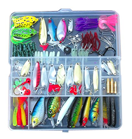 Fishing Lure Kit Freshwater with a Free Tackle Box (A Set of 133 Pcs)sharp Hooks and Various Fishing Tackle,hard and Soft Plastic Lures Baits,spoon Lures,topwater Frog for Bass and More