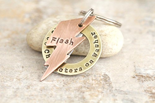 Lightning bolt 3 piece pet tag or key chain personalized to fit dog or human name, address, and 2 phone numbers. Copper, Brass, and silver