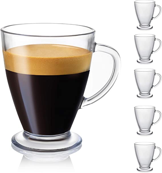 JoyJolt Declan Coffee Mug. Glass Coffee Mugs Set of 6. Clear Glass Coffee Cups 16 Oz with Handles for Hot Beverages - Cappuccino, Latte, Big Tea Cup. Lead Free Glass Cups, Espresso Coffee Gifts