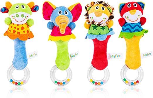 ThinkMax Baby Soft Rattles Toys,Infant Sensory Development Hand Grip Toys,Cute Stuffed Animal Handbells for Newborn Gift（4 Pack）