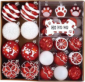 DecorbyHannah 60ct Christmas Ornaments Set, Red White Christmas Tree Decorations, Shatterproof Decorative Pet Dog Theme Christmas Ball Ornaments for Xmas Tree, Home Party Décor (Value Pack)