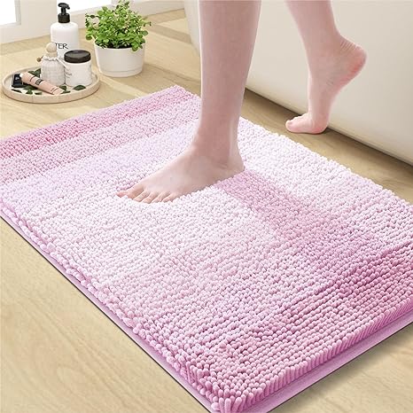 OLANLY Bathroom Rug, Extra Soft Chenille Thick Absorbent Shaggy Mat, Non-Slip Machine Wash Dry Plush Bath Mats for Bathroom, Tub and Shower (24 x 16 Inch, Pink)