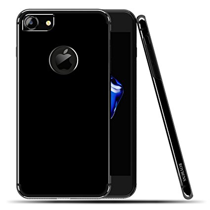 iPhone 7 Case Jet Black, Roybens Luxury Textured Metal and TPU Hybrid Design Slim Fit Protective Dual Layer Armor Ultra Thin Hard Back Cover for Apple iPhone7, [Free Tempered Glass Screen Protector]