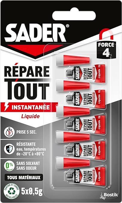 Sader Colle de Réparation Répare Tout Liquide - Colle Extra Forte - Prise Instantanée en 5 secondes - Efficace sur Tous Matériaux - Sans Odeur et Sans Solvants - Transparent - 5 Tubes de 0,5 g