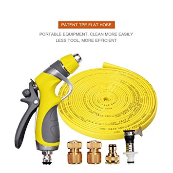 Vetroo 15m / 50ft Lay-Flat TPE Discharge Garden Water Hose Pipe (Copper Alloy) with Heavy Duty High Pressure Nozzle Sprayer (Yellow)