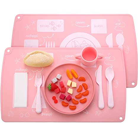 2 Pieces Toddler Placemats Silicone Montessori Placemat Dining Table Setting Placemat Kid Educational Placemat for Baby Toddler Learn Etiquette Develop Independent Eating Skills (Pink)