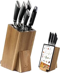 Navaris Porte-Couteaux Bois - Bloc de Rangement à Couteau Universel en Acacia 26,2 x 18,7 x 12,5 cm - Bloc Couteau de Cuisine Vide avec Tiges Plastique et Support Téléphone