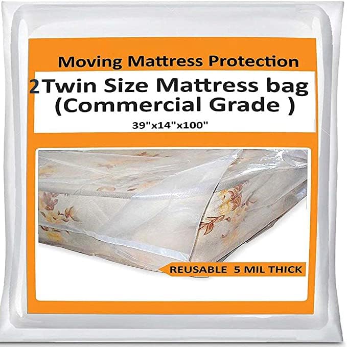 2 Twin Mattress Bag Cover for Moving or Storage - 5 Mil Heavy Duty Thick Plastic Wrap Protector Reusable Bag