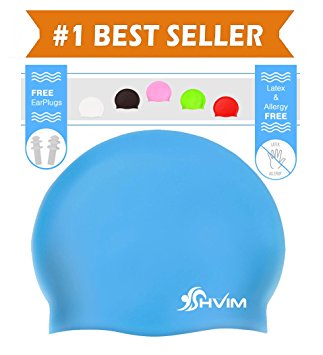 Shvim Silicone Swim Shower Cap - Allergy Free – Comfortable Fit Great for Long Hair and Short Hair - For Adults and Kids - Premium Thick Anti Rip Material - Includes Free Gift a Pair of Ear Plugs