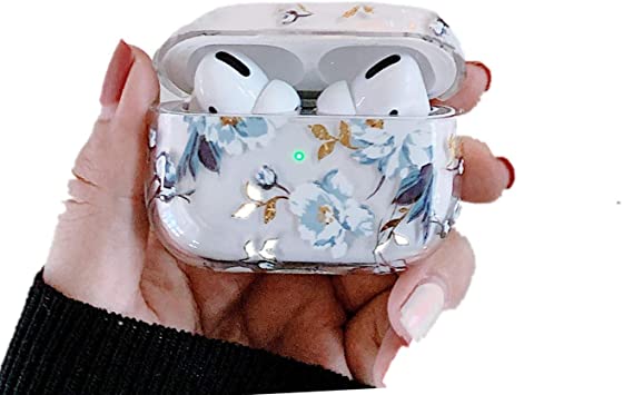 AirPods pro case Cover Cute 2019 Protective,Floral Clear Cute Skins for Apple AirPods Pro Third Generation, Hard PC Gardenia Elegant Retro Flower Design (Blue Flowers 3)