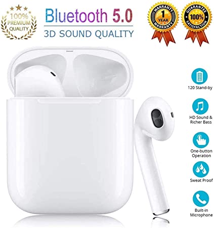 Wireless Earbuds, Bluetooth 5.0 Headphones Hi-Fi Stereo Bluetooth Earbuds Half in-Ear True Wireless Earbuds with Buit-in Mic Headset 24H Playtime with Charging Case Waterproof for Work/Travel/Gym