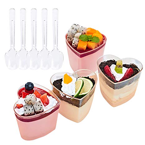 Foraineam 50 Pack 5 oz. Dessert Cup with 50 Spoons - Clear Plastic Appetizer Cups - Heart-shape Parfait Cup Serving Bowls - Disposable or Reusable