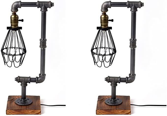 Pack of 2 Bird Cage Designer Steampunk Water Piping Desk Top Table Lamp Wood Base Rustic Home Deco Steam Punk Industrial Interior Design Bedside Minimalist Victorian Edison Iron Retro Lighting Lamps