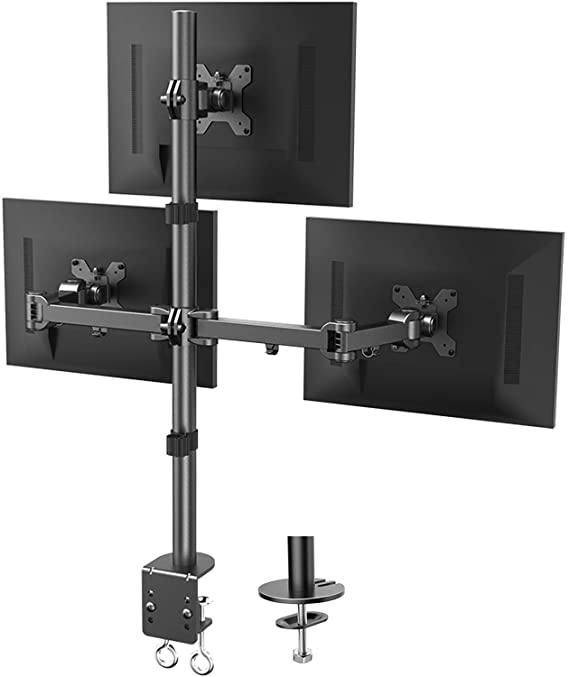 HUANUO Triple Monitor Stand - Free Standing Monitor Desk Mount Fully Adjustable for 3 Computer Screens up to 27 Inch Support Clamp, Grommet Mounting, Heavy Duty VESA Mount Hold up to 17.6lbs Each Arm