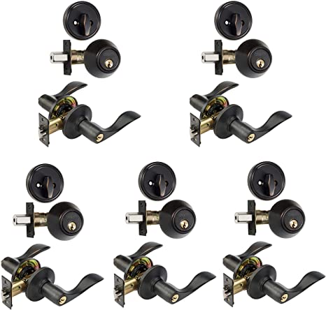 Dynasty Hardware CP-HER-12P, Heritage Front Door Entry Lever Lockset and Single Cylinder Deadbolt Combination Set, Aged Oil Rubbed (5 Pack) Keyed Alike