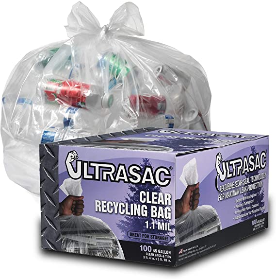 Clear Recycling Bags by Ultrasac - Heavy Duty 45 Gallon Garbage Bags (Huge 100 Pack w/Ties) - 46' x 40' - Industrial Quality Clear Trash Bags for Paper, Plastic, Cans, Bottles, Newspaper, Grass, Lawn