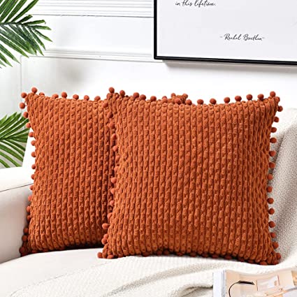 Fancy Homi Set of 2 Rust Decorative Throw Pillow Covers 24x24 Inch with Pom-poms for Couch Bed Sofa, Modern Farmhouse Boho Home Decor, Soft Plush Corduroy Cute Cushion Case 60x60cm