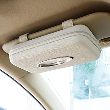 Cartisen Car Tissue Holder, Sun Visor Tissue Holder, Zipper Car Visor Napkin Holder, PU Leather Backseat Tissue Case for Car,Vehicle (Beige)