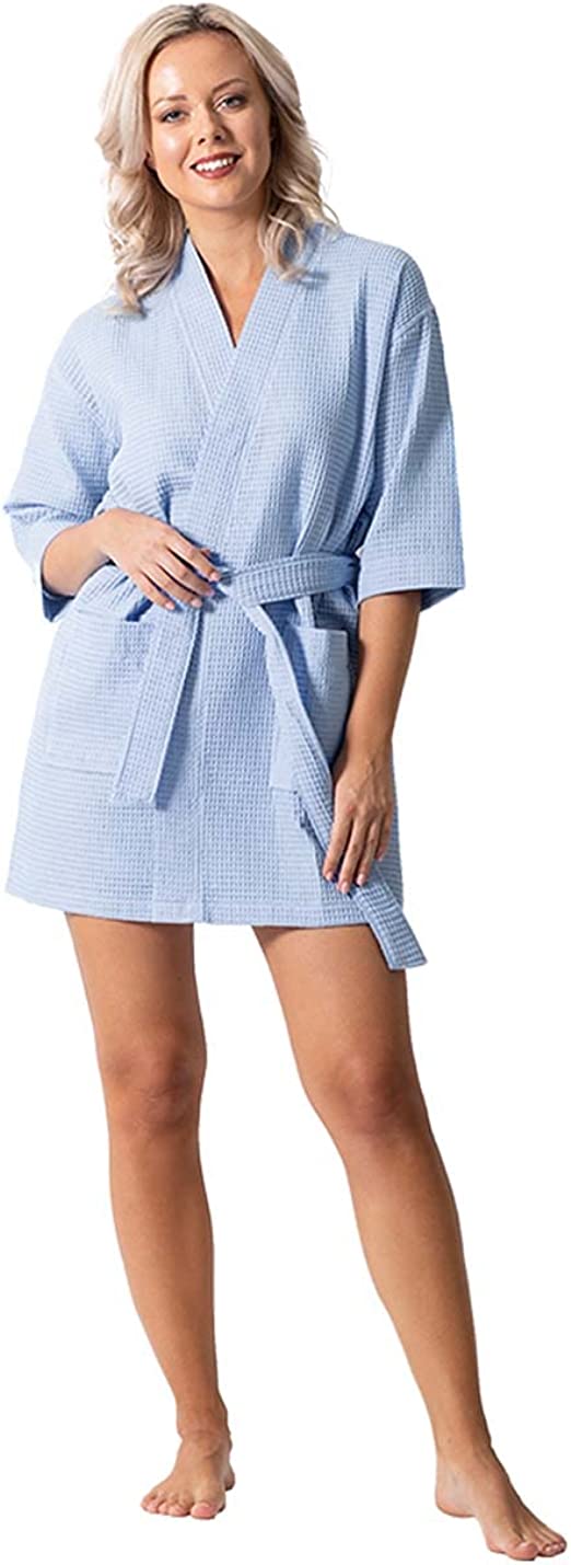 Turkish Linen Lightweight Waffle Knit Bath, Spa & Bridesmaids Kimono Short Robes for Women - Quick Dry & Soft