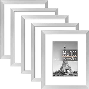 upsimples 8x10 Picture Frame Set of 5, Display Pictures 5x7 with Mat or 8x10 Without Mat, Wall Gallery Photo Frames, Silver