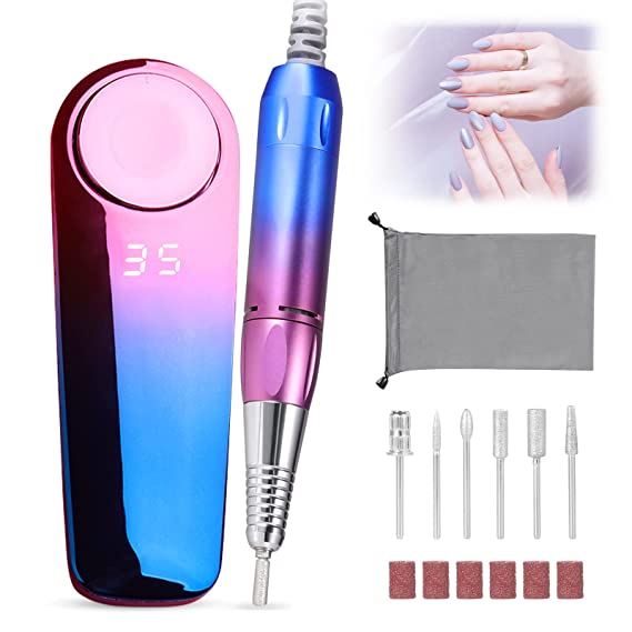 Portable Electric Nail Drill Machine, 35000RPM Professional Acrylic Nail Drill Tools Kit with 6 Bits, Yoobao Rechargeable E File for Nail Art, Manicure, Pedicure, Salon or Home Use (Gradient Color)