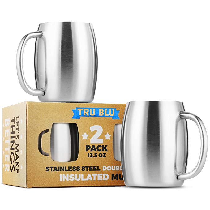 Stainless Steel Coffee Mug, Set of 2-13.5 oz Premium Double Wall Insulated Travel Mugs - Shatterproof, Dishwasher Safe, Comfortable Handle Cups for Tea, Beer