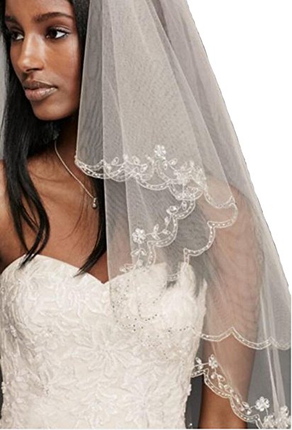 Passat Ivory Fingertip Length Two-Tier Veil with Scallop Crystals Edge Wedding Bridal Veil 137