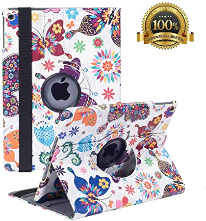 New iPad 7th Generation 10.2 Inch 2019 Case - 360 Degree Rotating Stand Smart Cover Case with Auto Sleep Wake for Apple iPad 10.2" 2019 (Colorful Butterfly)