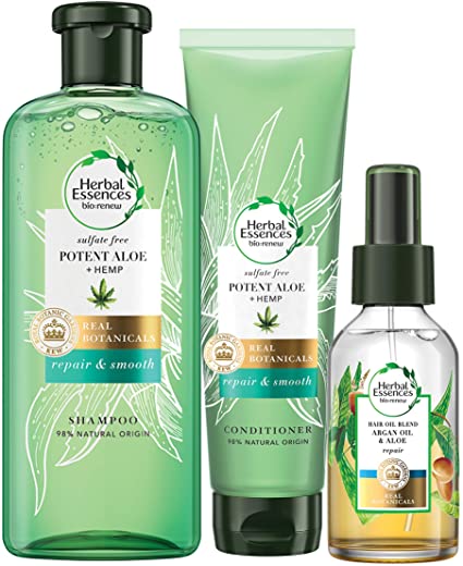 Herbal Essences bio renew Aloe and Hemp Sulphate Free Shampoo and Hair Conditioner, Hair Oil with Argan Oil and Aloe, Sulfate free Hair Shampoo Hair Treatment Set, Clarifying Shampoo