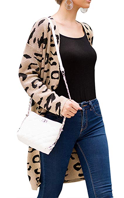 Angashion Women's Long Sleeves Leopard Print Knitting Cardigan Open Front Warm Sweater Outwear Coats with Pocket