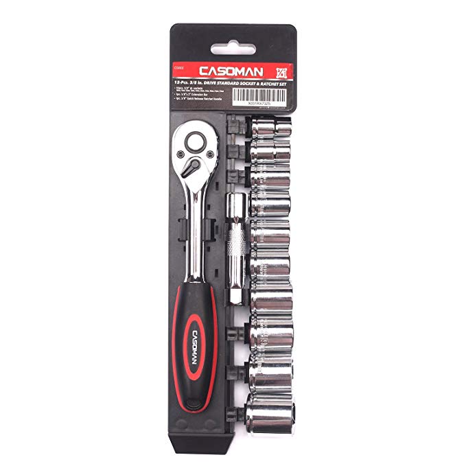 CASOMAN 3/8-Inch Drive Socket Set with Quick Release Ratchet Wrench Set, 3/8" Cr-V Metric Sockets Set with Ratchet Set - 12-Pieces