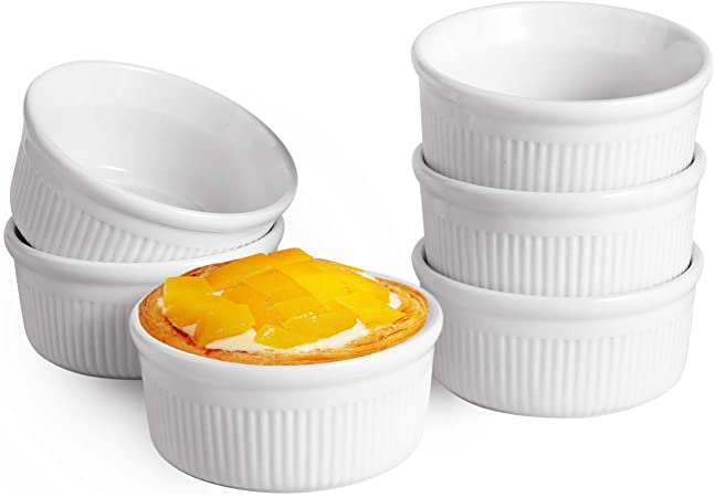 ComSaf White Porcelain Ramekins, 175ML Baking Cups for Souffle, Creme Brulee, Custards, Pudding and Ice Cream - Durable Pack of 6