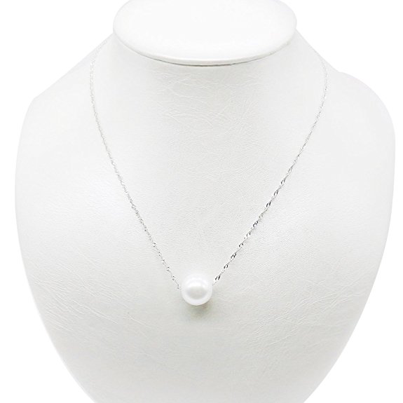 Pearl Necklace Silver White Simulated Single Pendant Pearl 9- 10mm 925 Solid Sterling Silver Singapore Chain 18'' Necklaces for Women