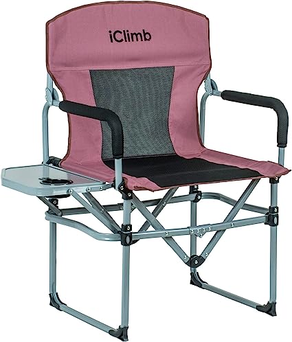 iClimb Heavy Duty Compact Camping Folding Mesh Chair with Side Table and Handle