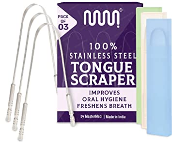 Tongue Scraper with Travel Case - 3 Pack, Fights Bad Breath, Medical Grade 100% Stainless Steel, Great for Oral Care, Tongue Cleaner for Adults and Kids, Easy to Use with Non-Synthetic Handle