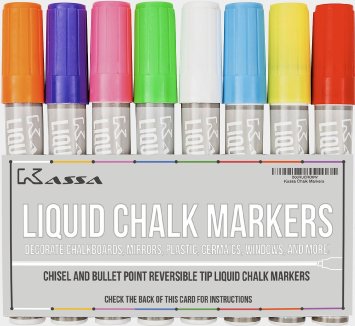 Fluorescent Liquid Chalk Markers By Kassa - Child Safe Non-Toxic - 2 Tip Sizes 6 mm and 4 mm Chalkboard Markers - Great for Chalkboards Nonporous Bistro Boards Glass and Windows