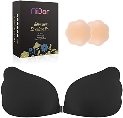 Niidor Adhesive Bra Sticky Bra Wing-Shape Reusable Strapless Backless Bra Invisible Push up Silicone Bra for Women