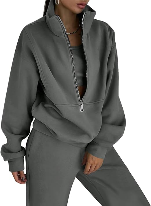 Women Fleece 2 Piece Outfit Half Zip Sweatshirt And Joggers Sweatpants Y2K Set Tracksuit