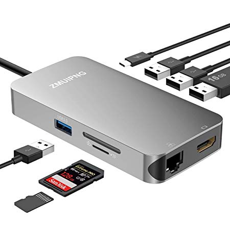USB C HUB,9-in-1 USB Type C Powered Hub with Gigabit Ethernet Port, 4K USB C to HDMI, 4 USB 3.0 Ports, SD/TF Card Reader Adapter, USB-C Power Pass-Through for MacBook Pro 2017,MacBook Air 2018