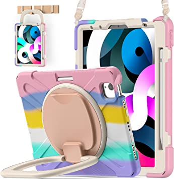 BATYUE iPad Air 5th Generation Case 2022/ iPad Air 4th Generation Case 2020 10.9 inch, iPad Pro 11 inch Case (3rd 2021)/(2nd 2020)/(1st 2018),Pencil Holder Kickstand Shoulder Strap (Colourful Pink)