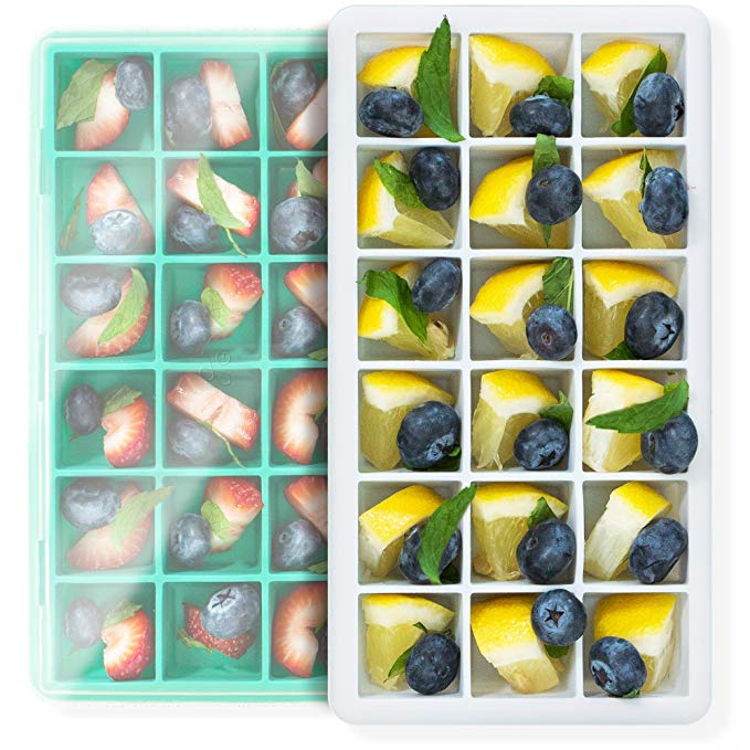 Silicone Ice Cube Tray from GreaterGoods, Easy-Release Silicone, Flexible 18-Ice Cube, Spill-Resistant Removable Lid, BPA Free, Stackable Durable, Dishwasher Safe (Grey & Green)
