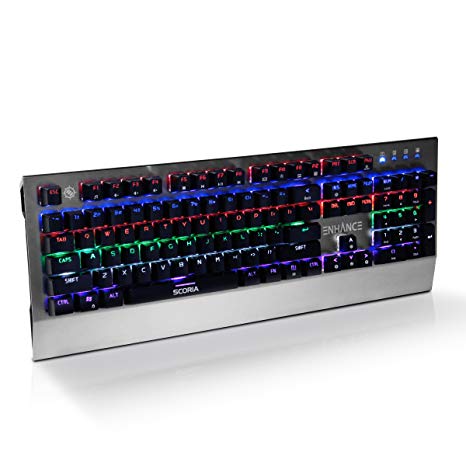 ENHANCE LED Mechanical Gaming Keyboard - Red Switches 104 Backlit Keys Pro Series FPS/MOBA Brushed Aluminum Metal - Anti Ghosting, N-Key Rollover, 10 Lighting Modes - Scoria Tournament Keyboard