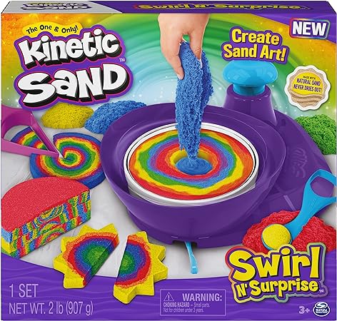 Kinetic Sand, Swirl N’ Surprise Playset with 2lbs of Play Sand, Including Red, Blue, Green, Yellow and 4 Tools, Sensory Toys for Kids Ages 3 and up